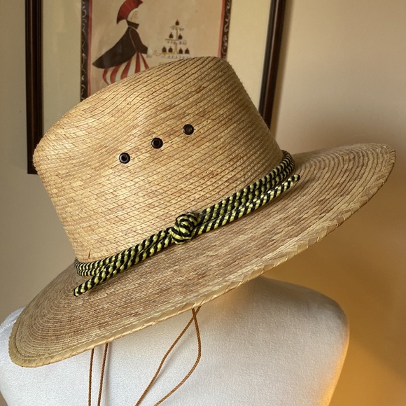 Straw Fedora Style Hat w/Green & Black Rope Hat Band Size: 6 7/8” - Picture 2 of 7